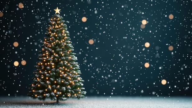 Classic Christmas tree with lights and star on top, with falling snow and bokeh lights effect. Christmas card, holiday background