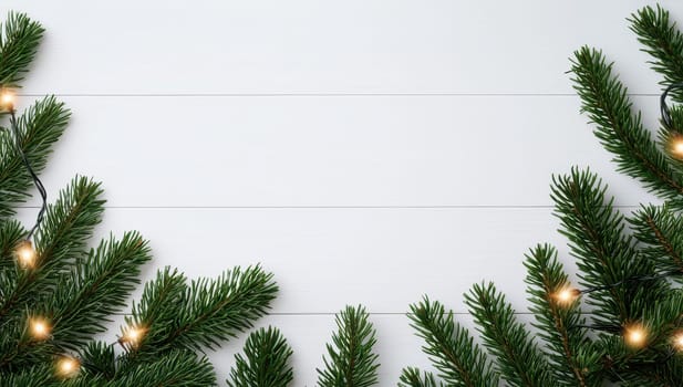 Christmas background with fir branches and lights on white wooden table. Top view with copy space.