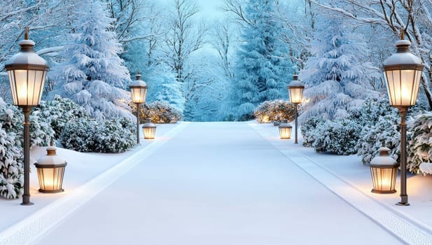 Snowy path through a winter wonderland forest illuminated with lanterns at twilight.