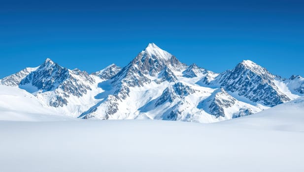 Snowy mountain peaks under a blue sky. Winter landscape in the Alps.
