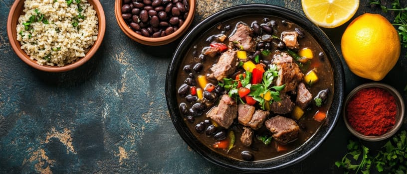 Traditional Brazilian feijoada stew served with rice, black beans, oranges, and herbs, presenting a hearty and flavorful meal rich in cultural heritage.
