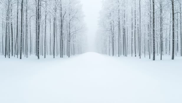 Snowy path through a snow covered forest in winter