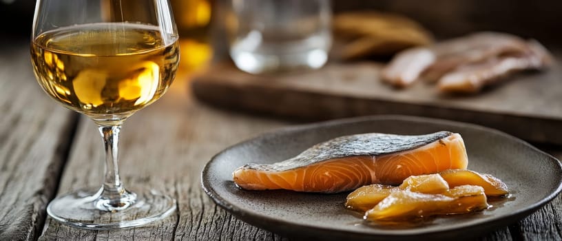 Grilled salmon fillet with caramelized lemon slices on a dark plate, accompanied by a glass of white wine, presenting a sophisticated dining experience.