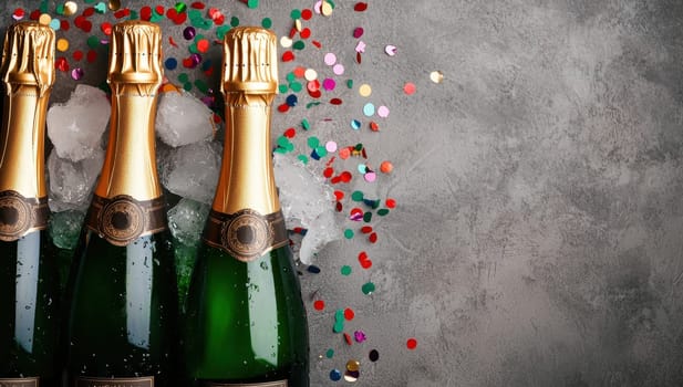 Champagne bottles in ice bucket with confetti on grey background. Celebration, party, anniversary concept.