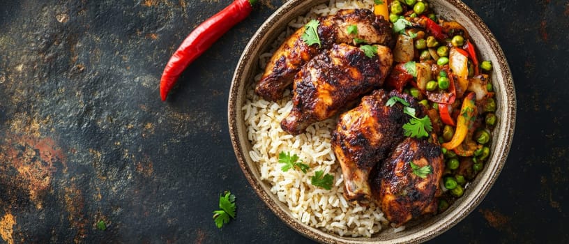 A flavorful bowl of grilled spiced chicken served with colorful vegetables and fragrant rice, garnished with fresh cilantro and accompanied by a vibrant red chili pepper.