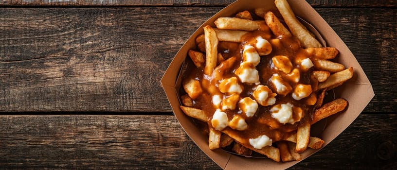 Classic Canadian poutine featuring crispy golden fries topped with rich gravy and melting cheese curds, served in a takeout container on a rustic wooden background.
