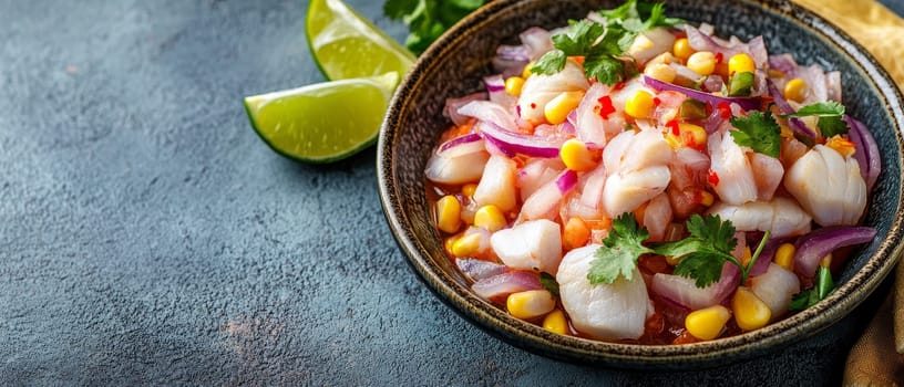 Vibrant bowl of fresh ceviche with chunks of white fish, colorful vegetables, corn, and red onions, garnished with cilantro and lime wedges.