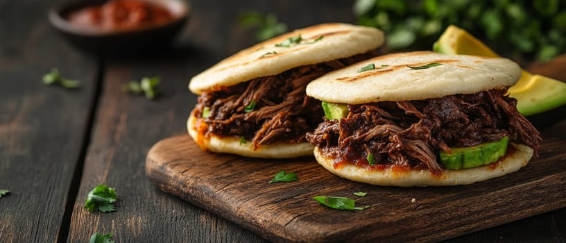 Juicy pulled pork sliders with avocado slices on soft buns, served on a rustic wooden cutting board with fresh herbs and lime wedges.