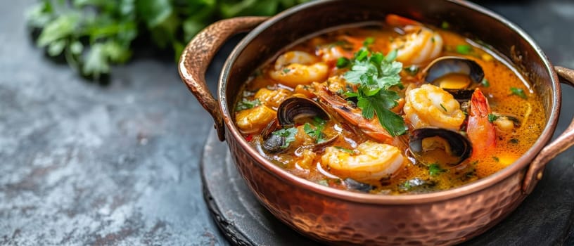 A rich and flavorful seafood bouillabaisse with shrimp, mussels, and herbs in a copper pot, garnished with fresh parsley, showcasing vibrant colors and textures.