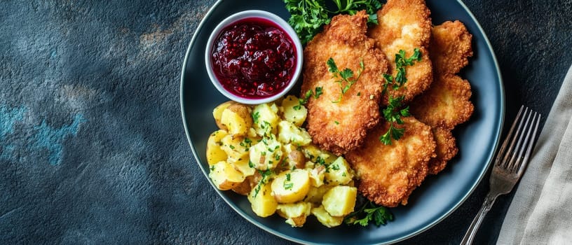 Golden brown schnitzel served with creamy potato salad and tangy cranberry sauce on a dark plate, showcasing a perfect balance of textures and flavors.