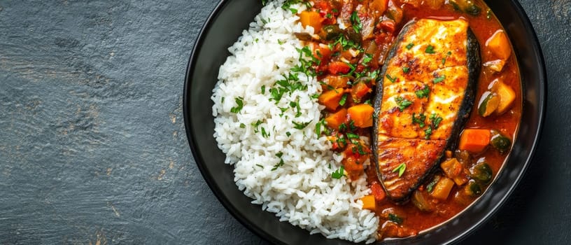 Perfectly grilled salmon fillet served with colorful vegetable ratatouille and white rice, garnished with fresh herbs on a black plate against a gray stone background.