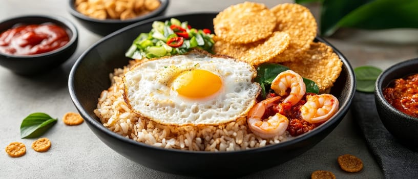 A colorful and nutritious rice bowl featuring a sunny side up egg, shrimp, fresh vegetables, and crispy rice crackers, served with various sauces for a complete and satisfying meal.