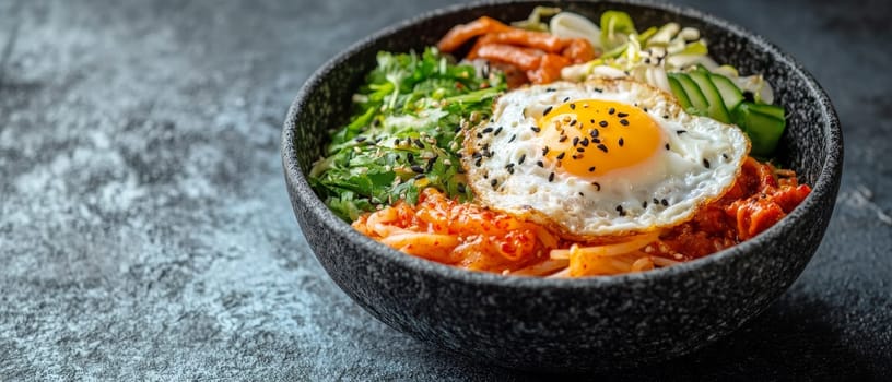 A vibrant Korean inspired bibimbap bowl featuring a sunny side up egg, colorful vegetables, rice, and spicy sauce, garnished with sesame seeds and fresh herbs.