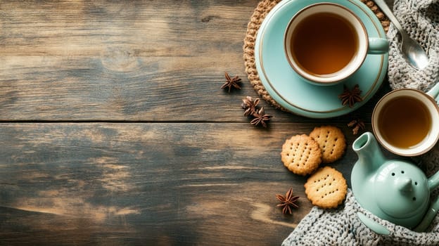 Turquoise tea cup with aromatic tea, cookies, and star anise on wooden table with knitted fabric. Warm and inviting autumn atmosphere with copy space.