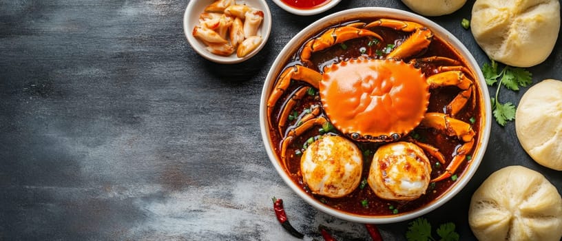A flavorful Asian inspired crab stew with whole crab, quail eggs, and vegetables in a spicy broth, served with steamed buns and garnished with cilantro.