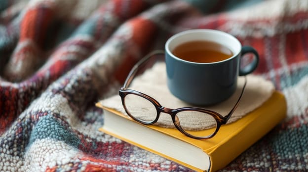 Cup of tea, book, and glasses on plaid blanket create a cozy autumn atmosphere, perfect for relaxation and reading.