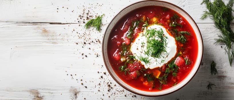 Traditional Russian borscht soup with vibrant red beets, topped with a dollop of sour cream and fresh dill, served in a ceramic bowl on a white wooden background.