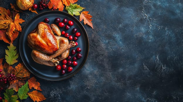 Roasted turkey on a black plate with cranberries, surrounded by colorful autumn leaves on a dark rustic background with copy space.