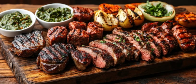 A rustic wooden board showcases an array of grilled steaks, herbs, and vegetables, offering a tempting display of barbecue mastery and culinary delight.