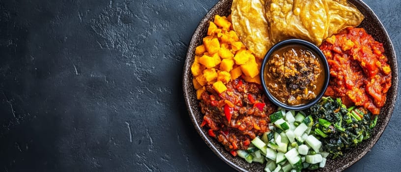 A vibrant Ethiopian feast featuring various vegetable and meat dishes served on traditional injera bread, showcasing the rich colors and textures of the cuisine.