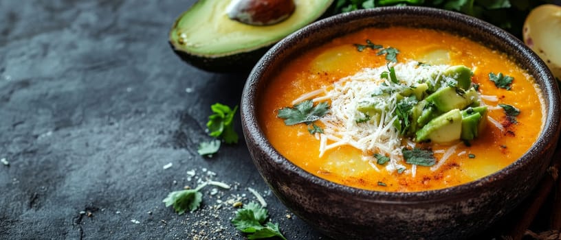 A bowl of rich pumpkin soup garnished with avocado, grated cheese, and fresh herbs, served with a halved avocado on a dark textured background.