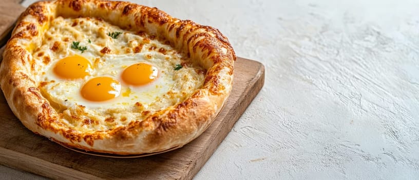 Traditional Georgian khachapuri, a cheese filled bread boat topped with sunny side up eggs, served on a wooden board against a light background.