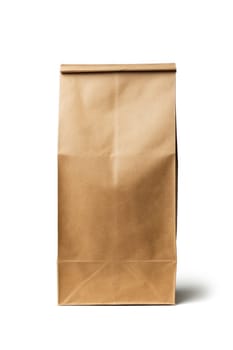 Mockup of paper bag for shopping, gifts and grocery bags on white background. brown kraft paper bag with cord handles. Generative AI