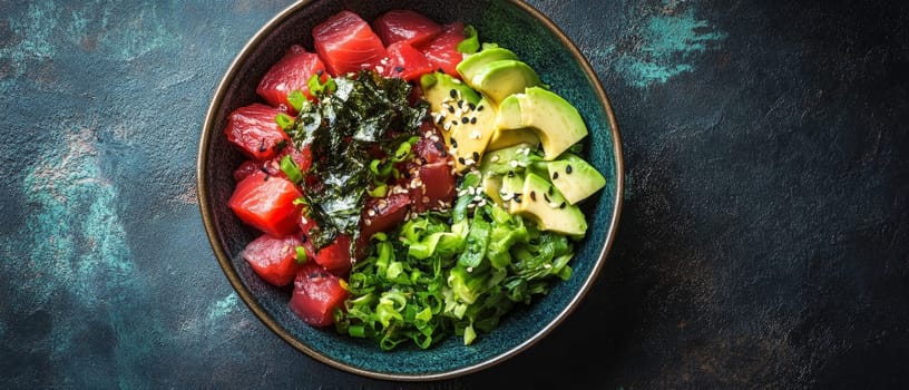 Vibrant tuna poke bowl with fresh avocado, seaweed, and various vegetables, garnished with sesame seeds, showcasing a healthy and trendy meal.