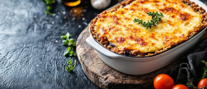 Golden crusted shepherd's pie in a ceramic dish, topped with fresh herbs, showcasing layers of meat and mashed potatoes on a rustic wooden board.