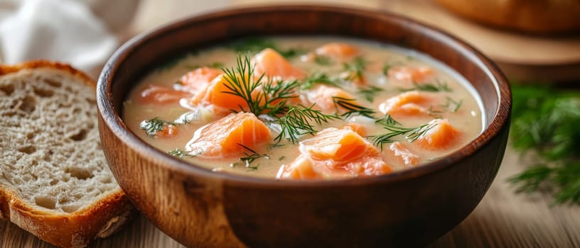 A hearty bowl of creamy salmon chowder garnished with fresh dill, served with crusty bread on a rustic wooden table, embodying comfort and warmth.