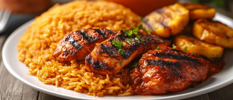 Succulent grilled chicken pieces served with aromatic yellow rice and caramelized plantains, presenting a flavorful Caribbean inspired meal.