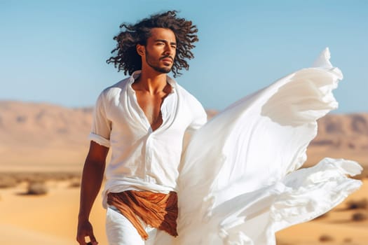a handsome dark-skinned man with long curly hair and a white flowing dress walks along a sand dune in the Sahara Desert.