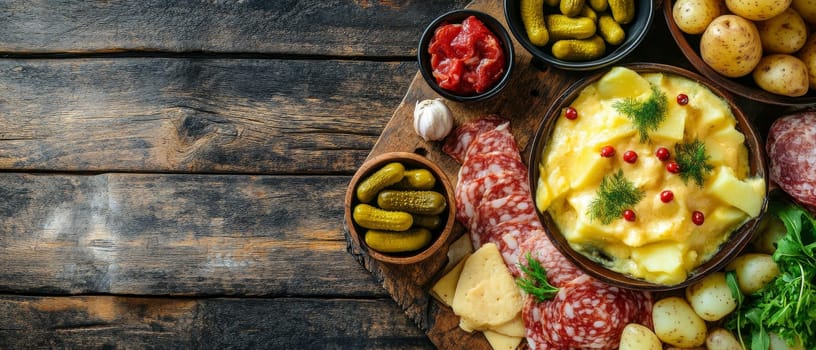 Assorted meats, cheeses, pickles, and raclette on a rustic wooden board with copy space, perfect for appetizers or party snacks.