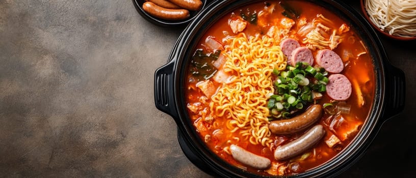 Vibrant Korean army stew with ramen noodles, sausages, and vegetables in a spicy red broth, served in a black pot on a rustic surface.