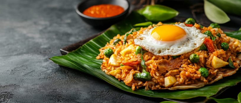 Indonesian fried rice (nasi goreng) topped with a sunny side up egg, served on a banana leaf with chili sauce and lime on a dark background.