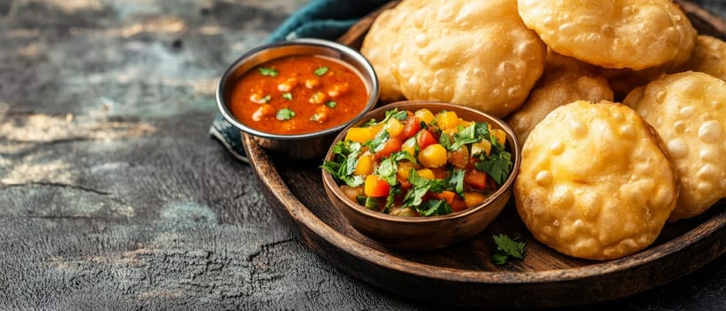 Colorful Indian street food platter featuring golden puri, vegetable curry, fresh salsa, and tangy chutneys, served on a rustic wooden board.