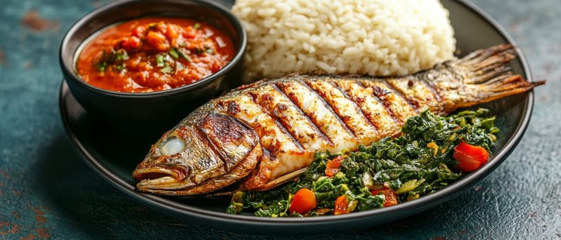 Grilled whole fish served with white rice, sauteed kale, and tomato sauce on a dark plate, showcasing a healthy and balanced meal.
