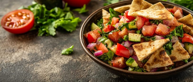 A refreshing bowl of Mediterranean salad with diced tomatoes, cucumbers, red onions, and herbs, served with crispy pita chips, perfect for a light and healthy meal.