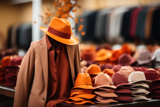 Stylish hats in a boutique on the background of stylish clothes. seasonal collection .Fashion modern store, small business concept.