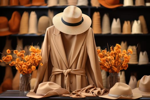 Stylish hats in a boutique on the background of stylish clothes. seasonal collection .Fashion modern store, small business concept.