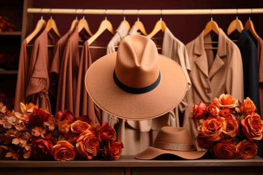 Stylish hats in a boutique on the background of stylish clothes. seasonal collection .Fashion modern store, small business concept.