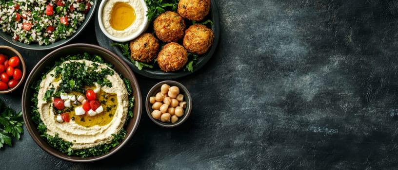 Vibrant Mediterranean mezze platter featuring falafel, hummus, tabbouleh, and chickpeas, showcasing a variety of flavors and textures in a healthy spread.