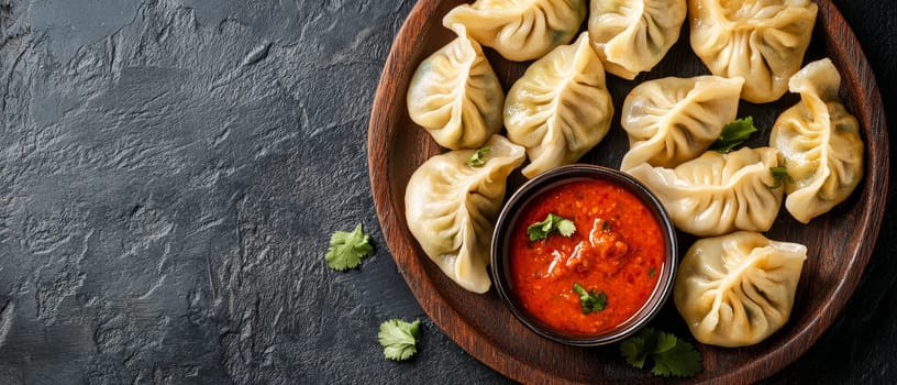 Plate of freshly steamed dumplings served with a vibrant red spicy dipping sauce, showcasing Asian culinary artistry on a rustic wooden background.