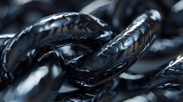 Close-up of gray matte, intertwining metal chain links showing their strength and textured surface with detailed reflections