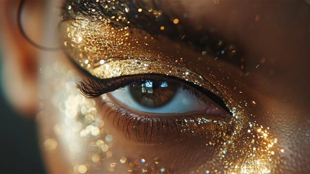 Close-up of a man's eye with shiny metallic eyeshadow and irregularly shaped eyeliner, showing off futuristic makeup