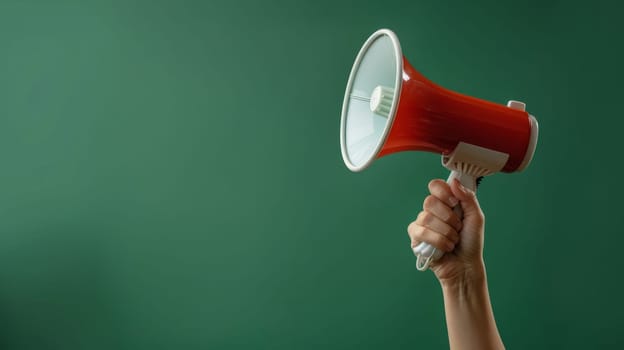 A person holding a megaphone in their hand against green background