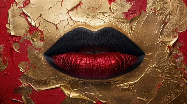 Fashion portrait, black and red lips, combination of red and gold paint, minimalism