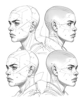 Four different drawings of a woman's face
