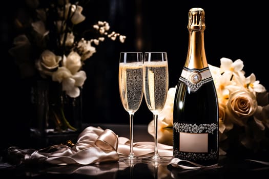 Two glasses with a drink, silk pink ribbons and flowers. An elegant celebration with champagne. High-quality photography