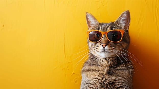 Beautiful Cat in Sunglasses in Orange Frame on Yellow Background, Large Space for Text